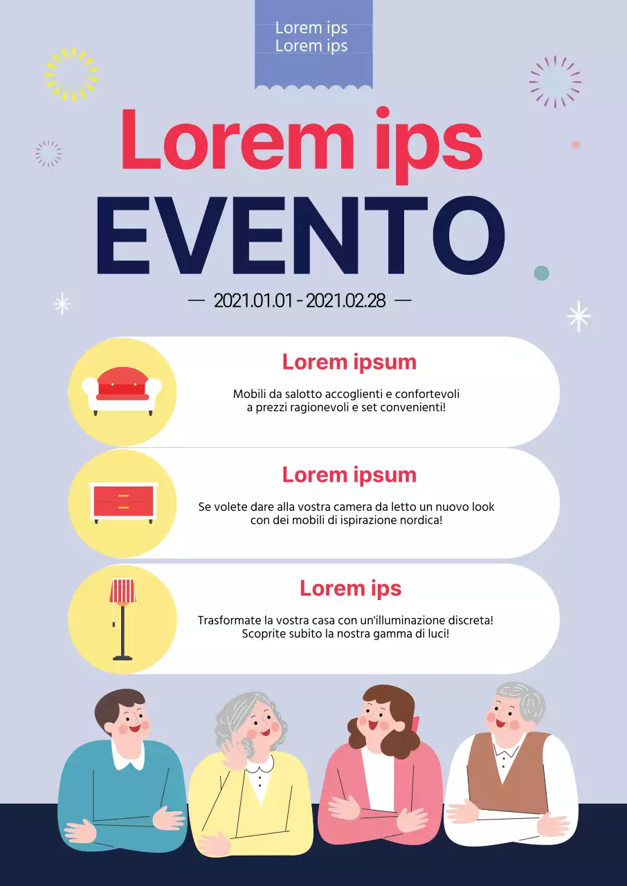 illustrazione blu mobili puliti interni vendita evento promozione