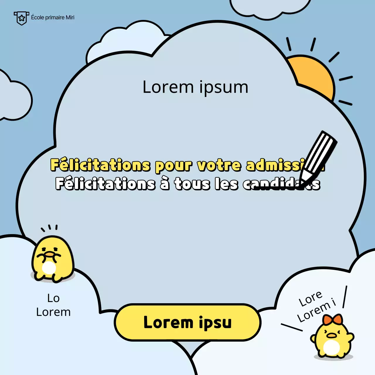 Conseil d'admission à l'école primaire avec un mignon personnage de canard sur fond de nuages bleu clair et jaune