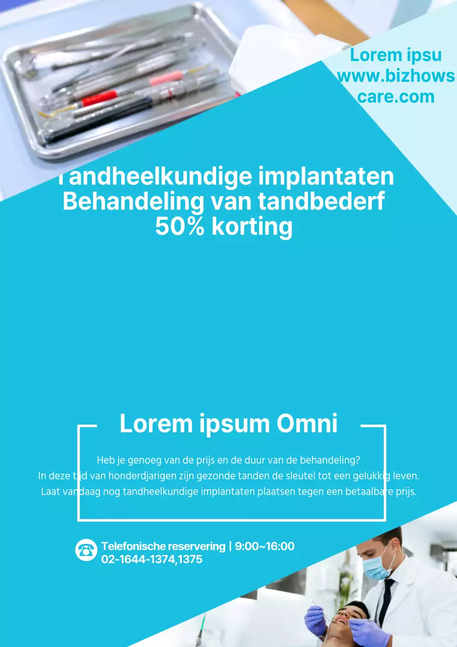 Een eenvoudige lichtblauwe en gele flyer ter promotie van een tandheelkundige ingreep met korting.