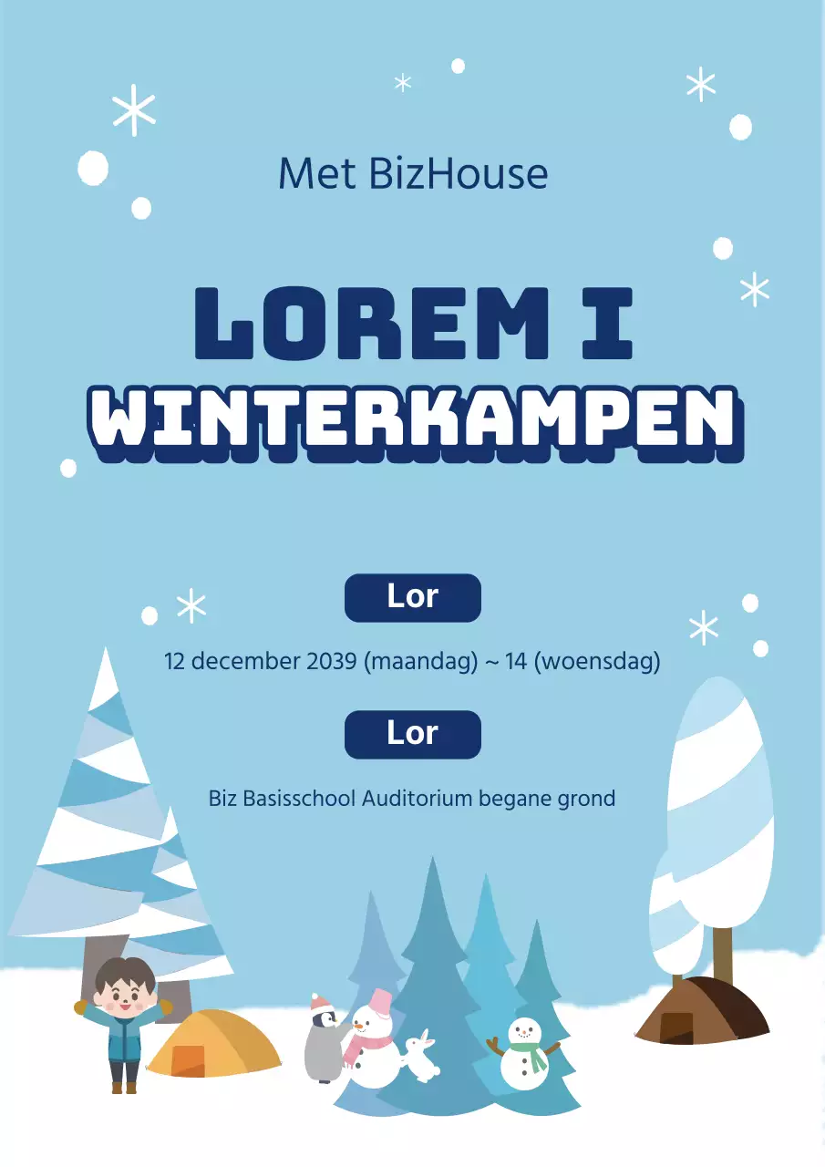 Schattige flyer voor winterkamp op basisschool in lichtblauw.
