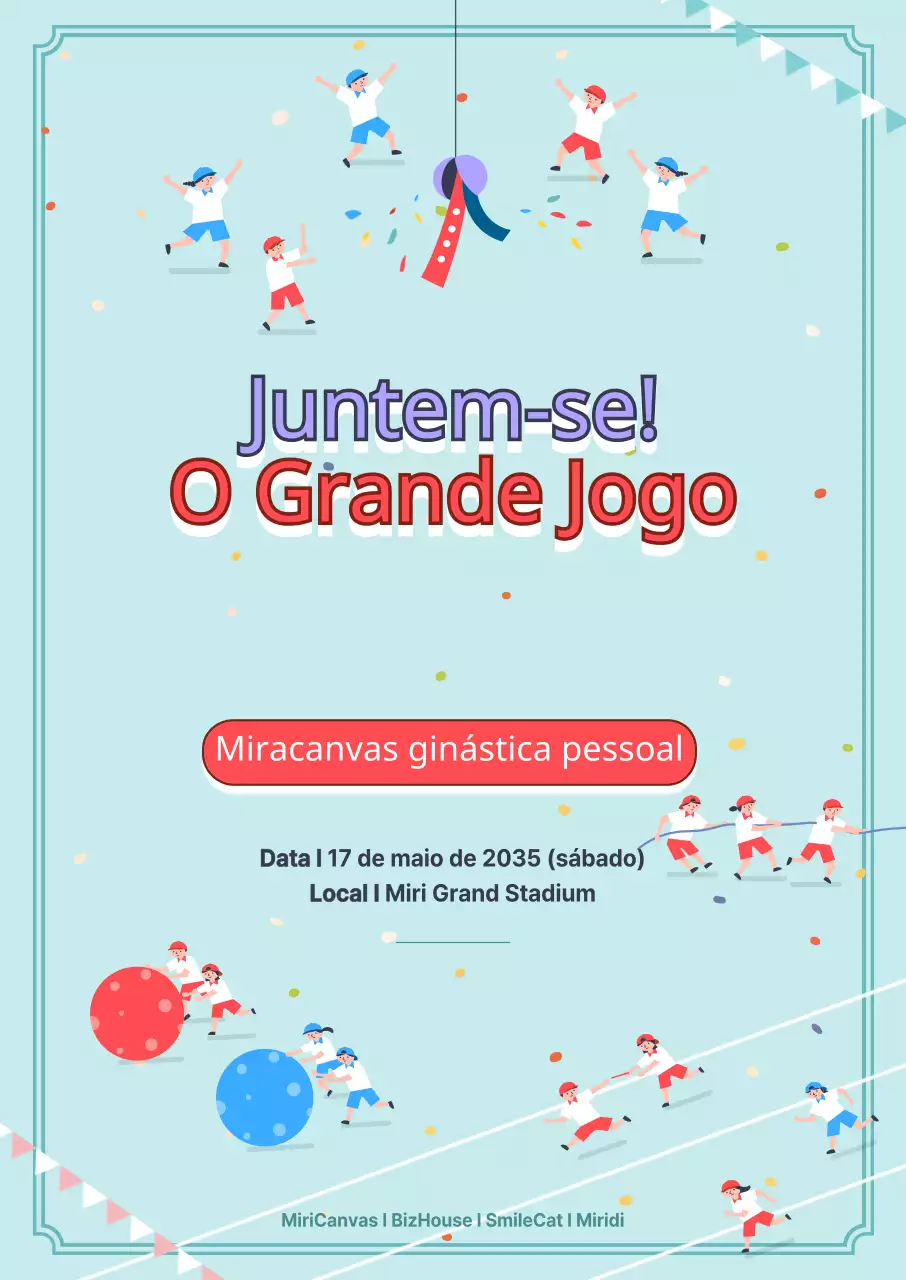 Promova eventos desportivos com um conceito engraçado que apresenta ilustrações de crianças a praticar vários desportos em azul.