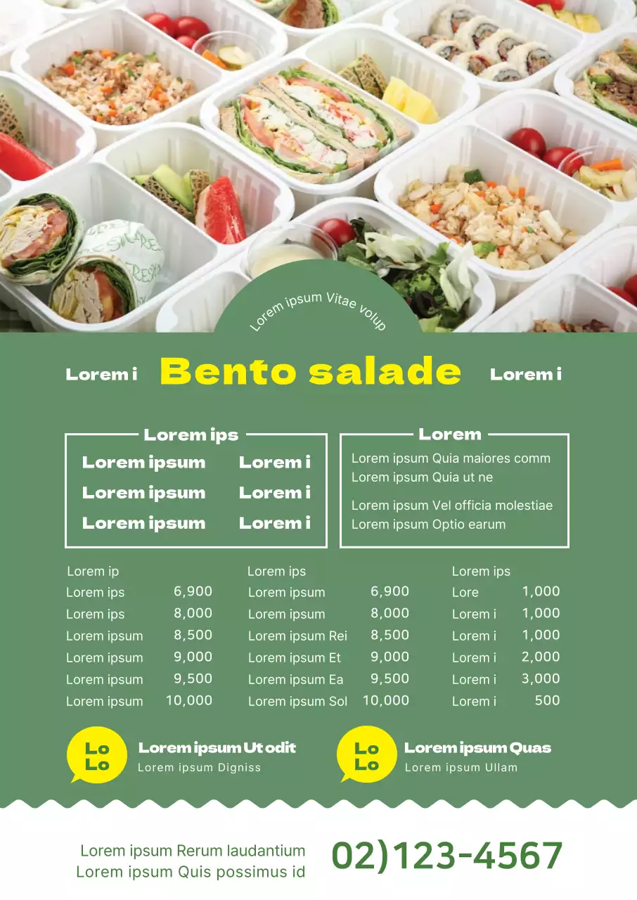 Menu de salade d'un restaurant propre mis en évidence par une photo verte