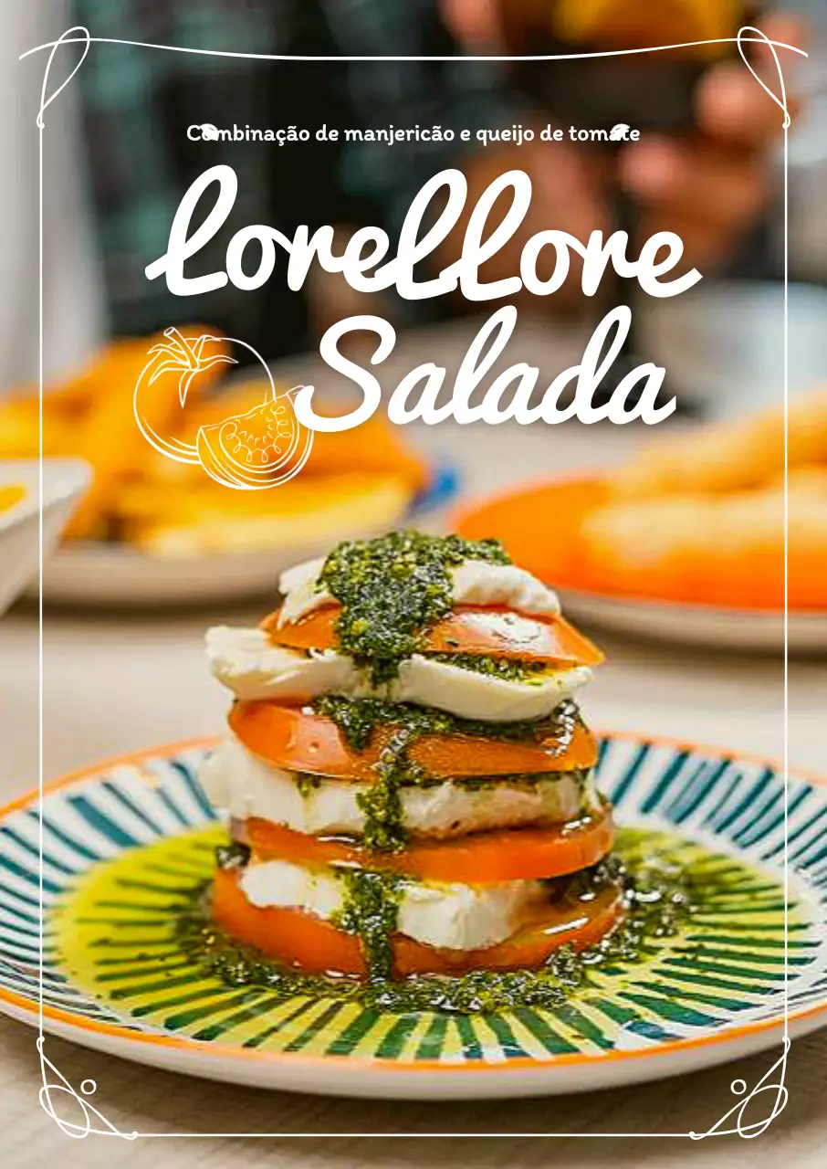 O menu apresenta fotografias coloridas de saladas numa elegante moldura branca