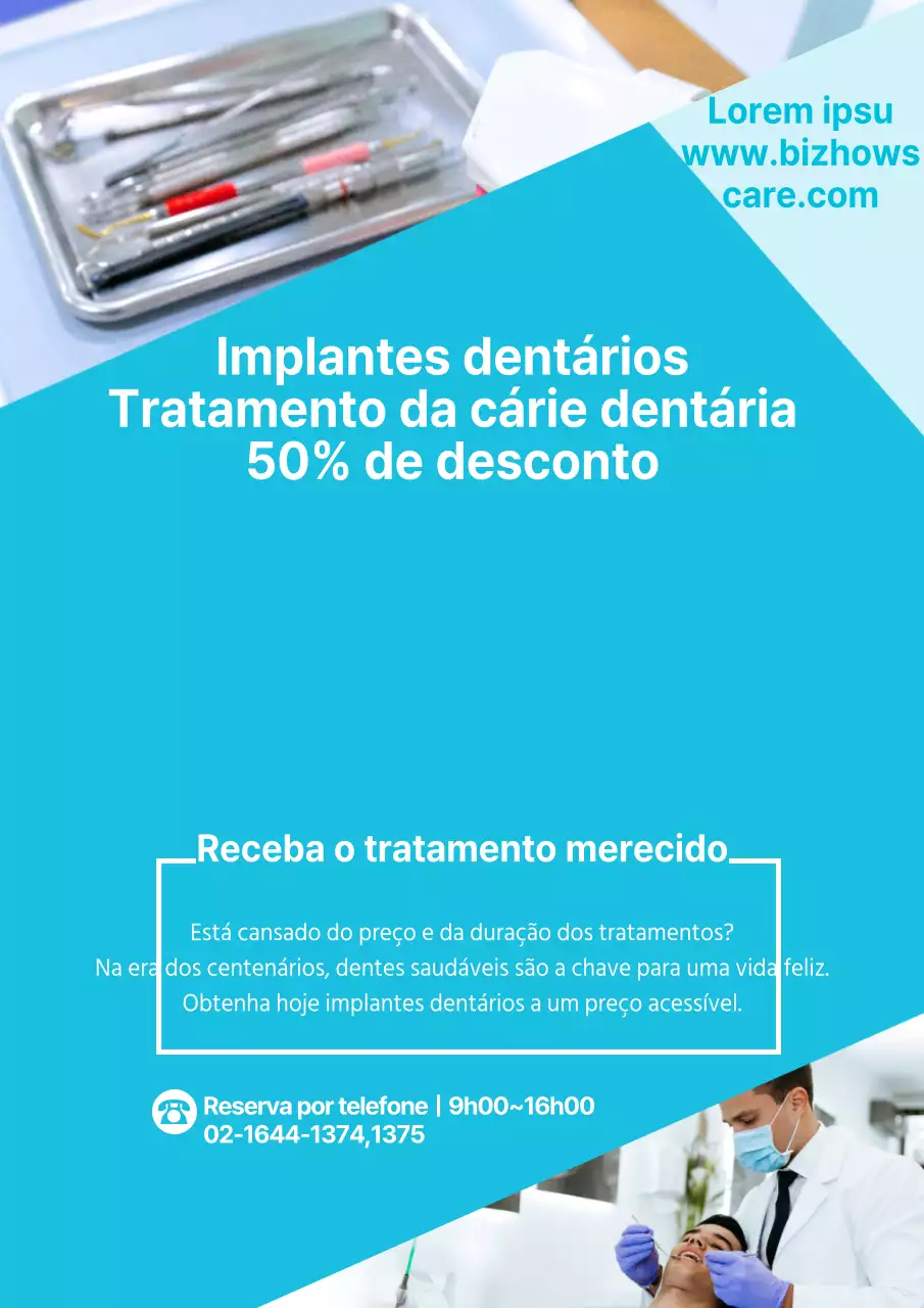 Um simples folheto azul claro e amarelo que promove um procedimento dentário com desconto.