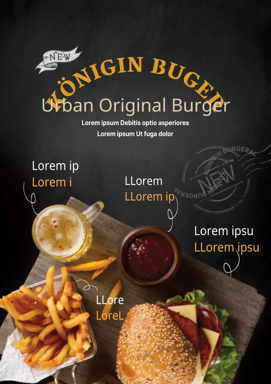 Bewerben Sie neue handgeschriebene Speisekarten mit schwarz-gelben Fotos von Lebensmitteln