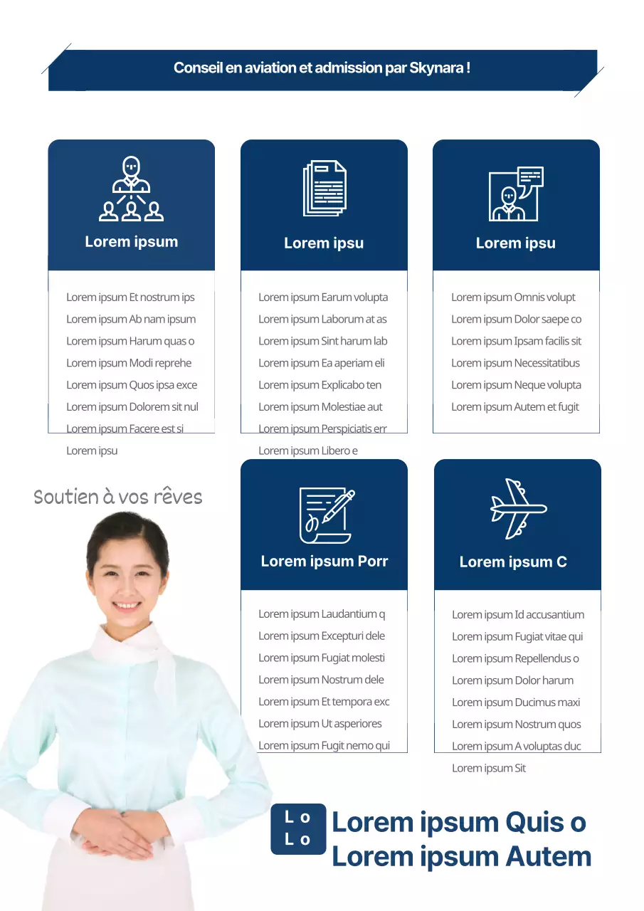 Une simple promotion d'une école d'aviation avec la photo d'une hôtesse de l'air en bleu.