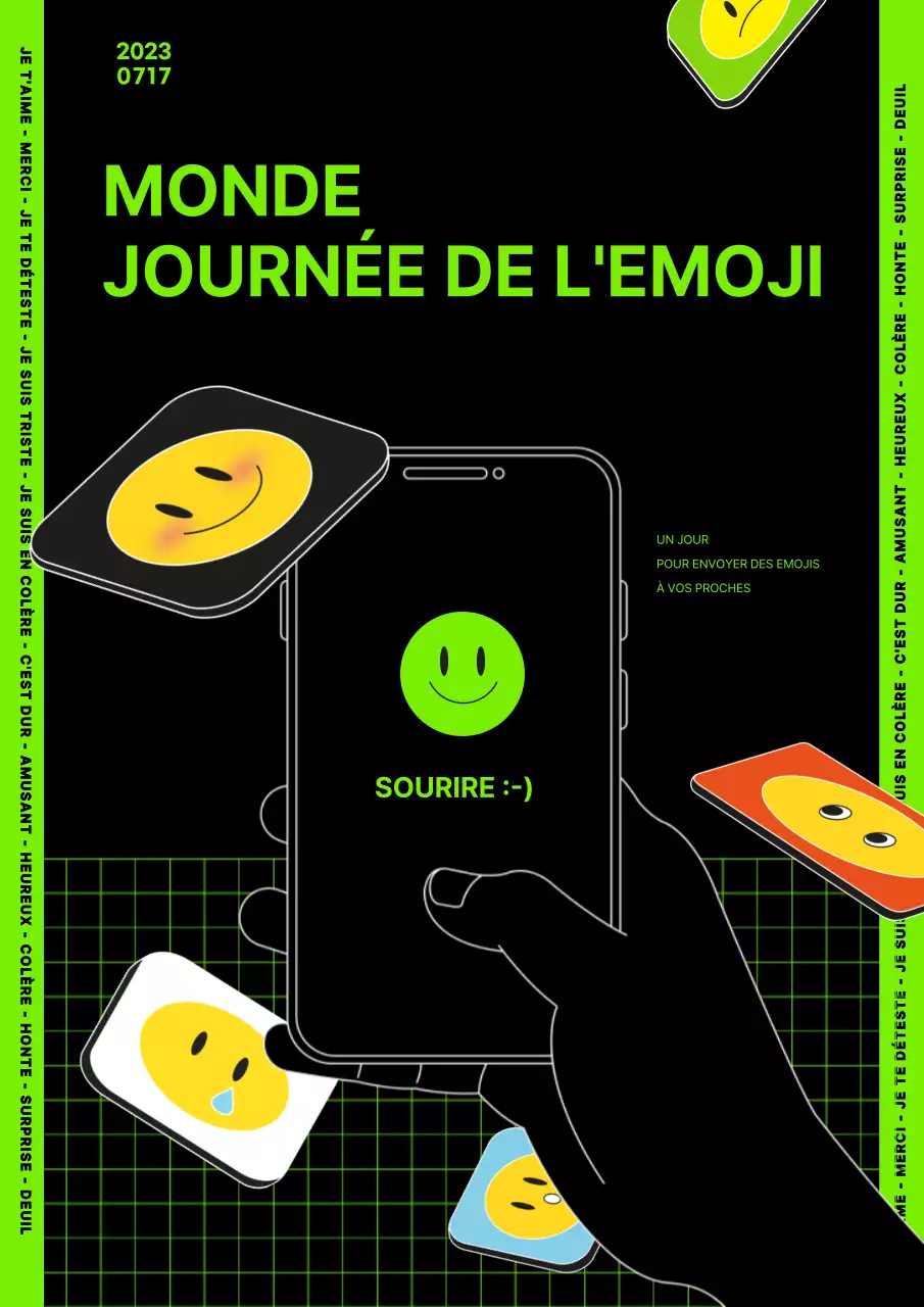 Icône rétro noire vert lime Journée mondiale de l'emoji