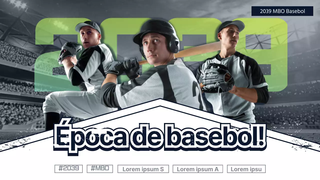 Anúncio de evento de basebol com um conceito simples em azul-marinho escuro e cores fluorescentes