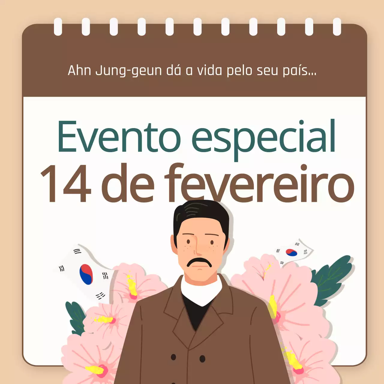 Cartão de notícias em memória do médico Ahn Jung-geun com fundo castanho