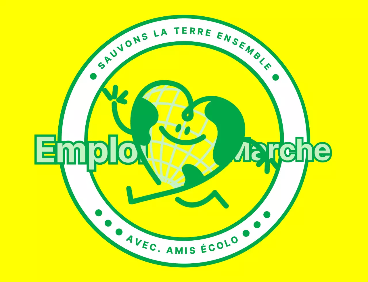 Concept de logo emblématique avec un mignon personnage de la terre en jaune et vert pour une organisation de campagne environnementale mondiale.