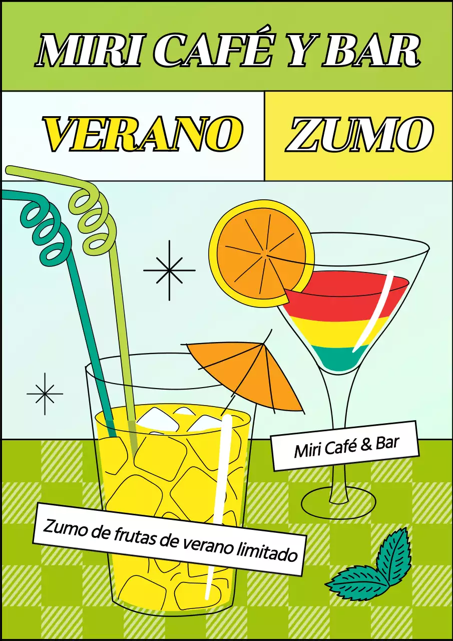 Presentación del zumo de temporada de verano con un divertido concepto de ilustración en chartreuse y amarillo.
