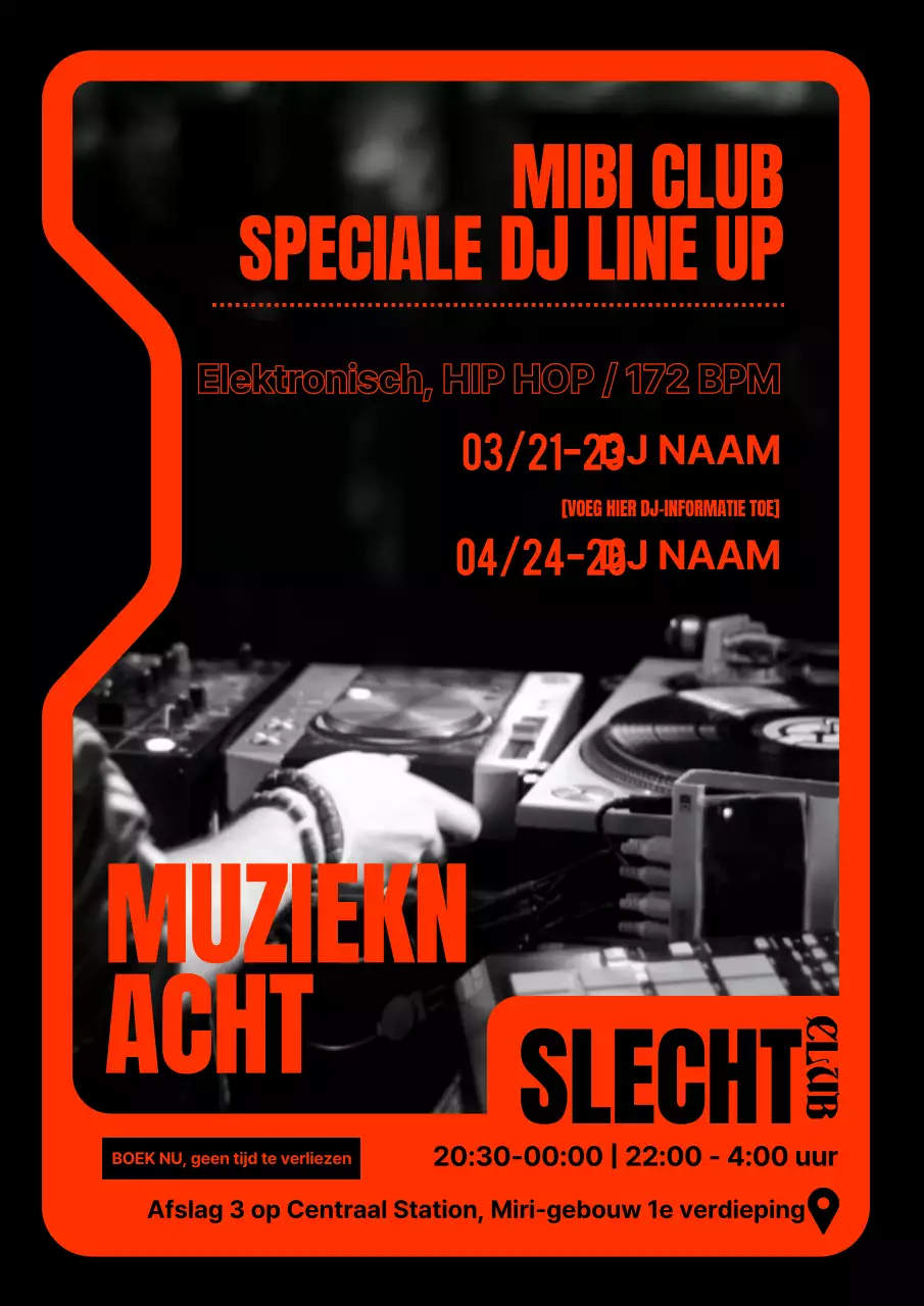 Hippe deejay clubposter in oranje en zwart