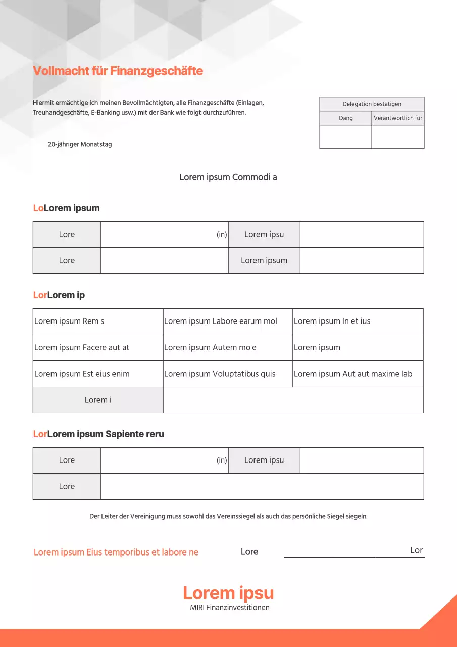 Eine saubere orange-graue Vollmacht für Finanzgeschäfte