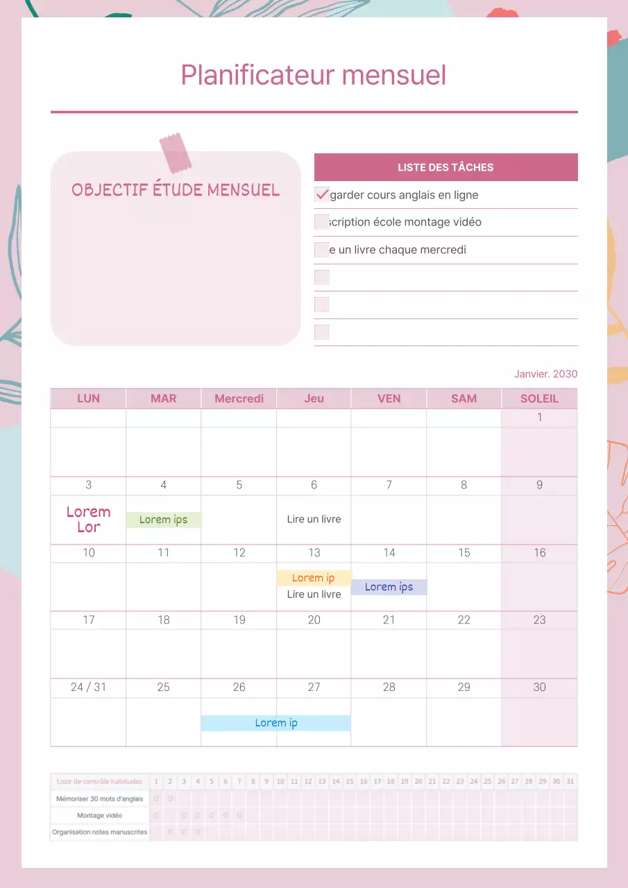 Planificateur d'études mensuel en rose