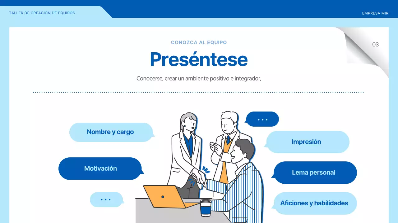 Taller de creación de equipos en el que destacan las ilustraciones en azul y amarillo