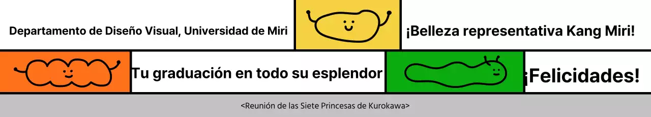 Diseño de graduación con un colorido mensaje y simpáticas ilustraciones lineales