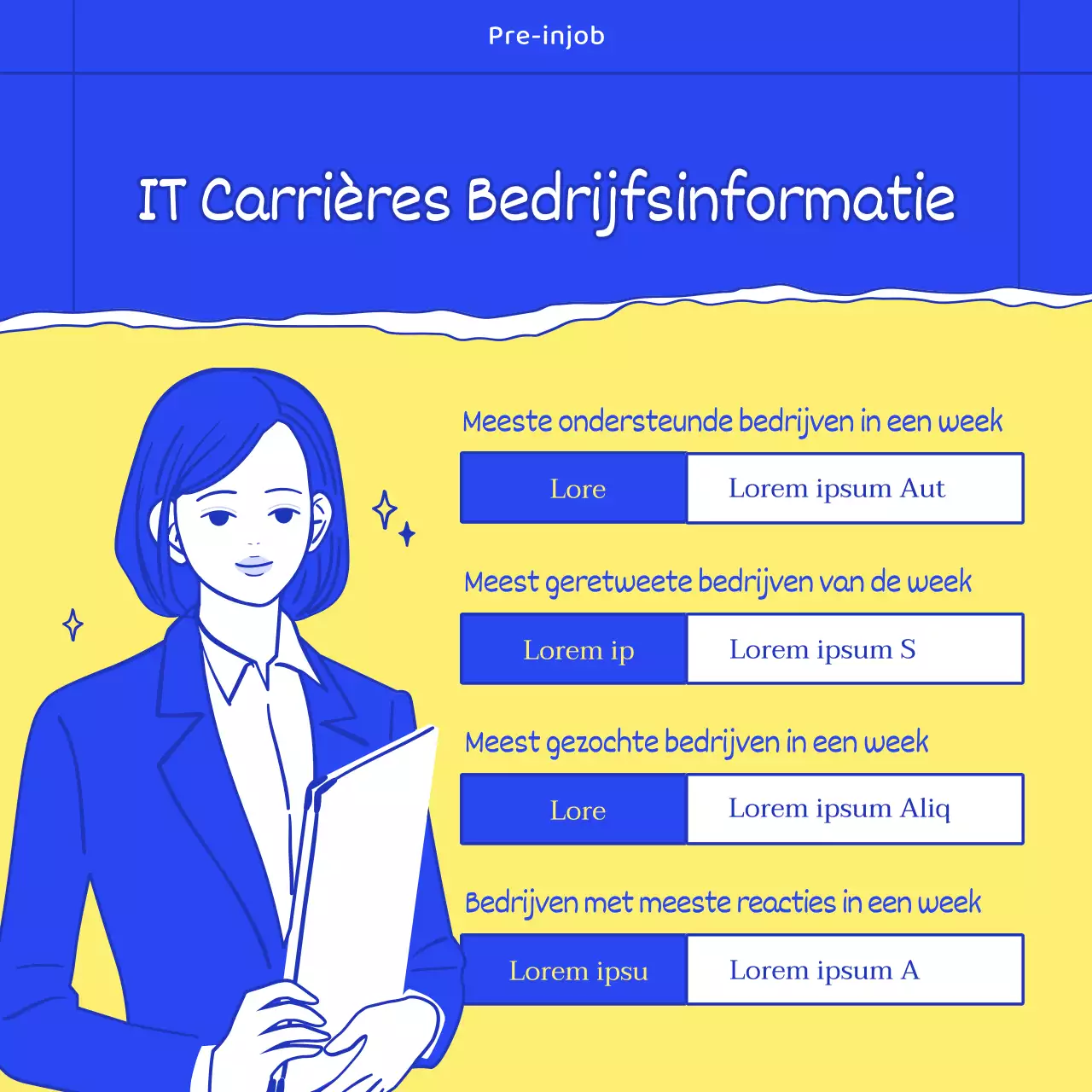 Zakelijke vacatures met stijlvolle, modieuze illustraties in blauw en geel.