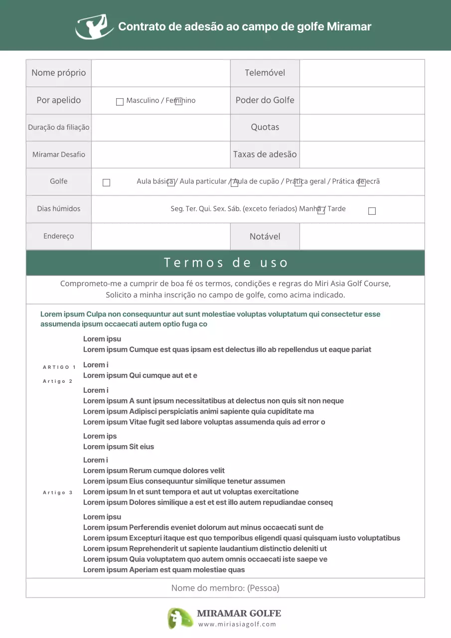 Documentos de contrato de adesão a um campo de golfe
