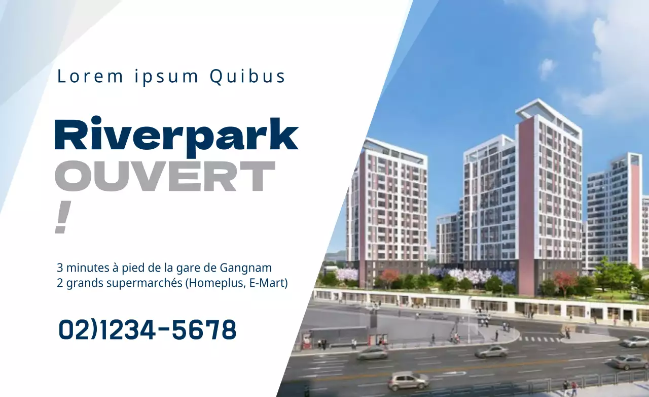 Mise en page simple et épurée avec des photos et du texte en bleu marine et en gris.