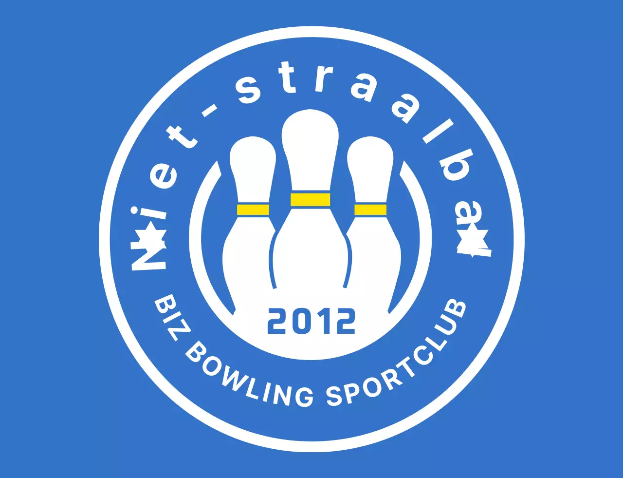 Een strakke bowlingillustratie en embleemlogo in lichtblauw, wit en geel voor een bowling sportclub.
