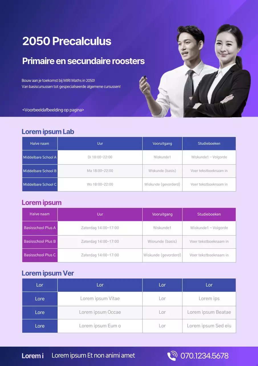 Eenvoudig schoolrooster met foto's van instructeurs op een paarse achtergrond