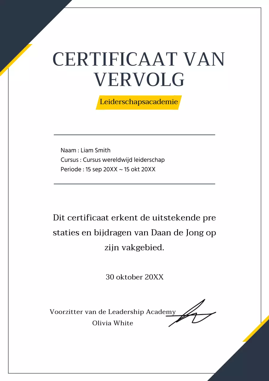 Nette navy en gele trainingscertificaatdocumenten