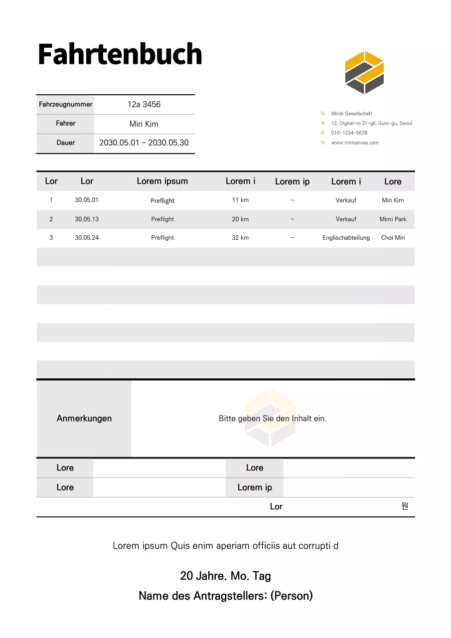 Schwarzes geschäftsfahrzeug logbuch vorlage