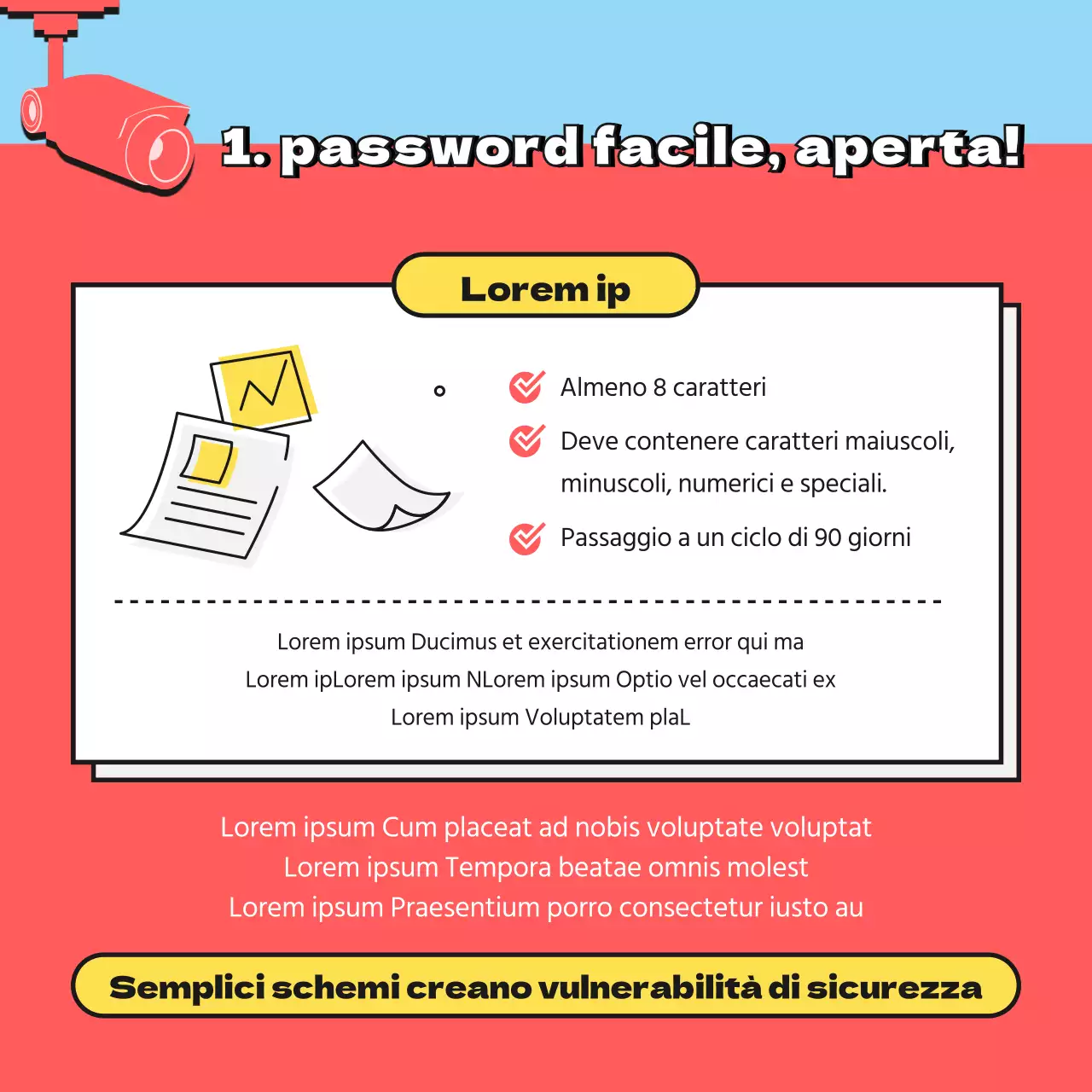 Campagna informativa sulla sicurezza delle password con illustrazione in rosso e azzurro