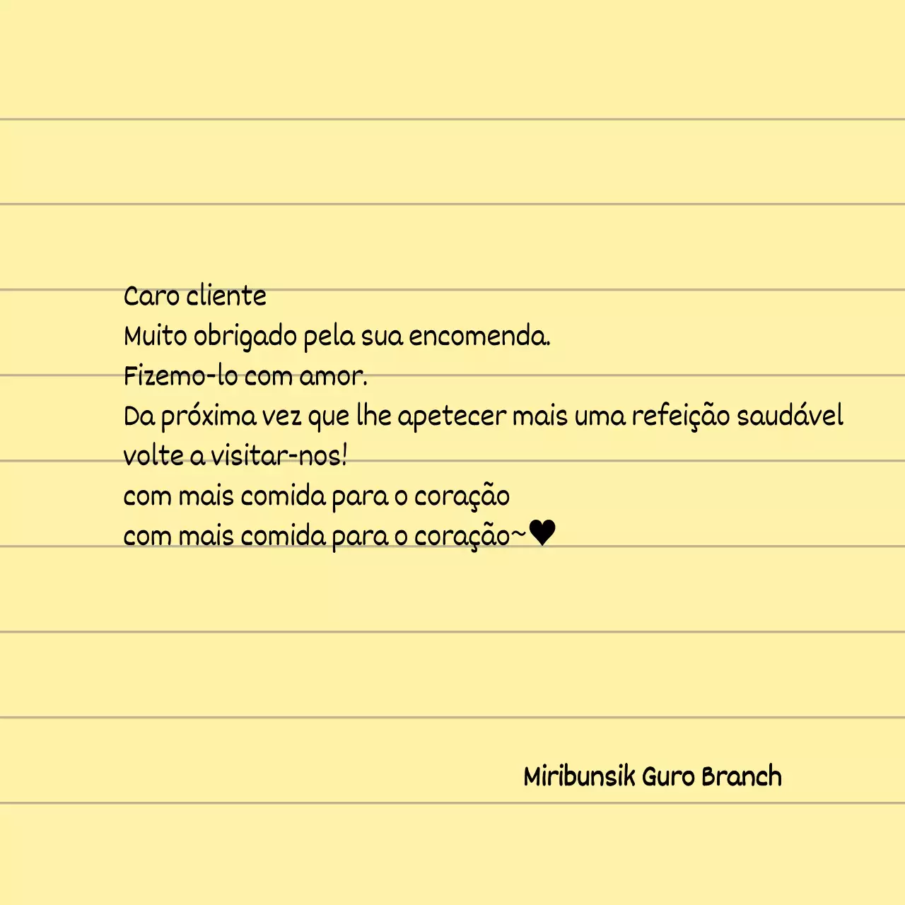 Para lojas com letras escritas à mão num papel amarelo e limpo, tipo bloco de notas