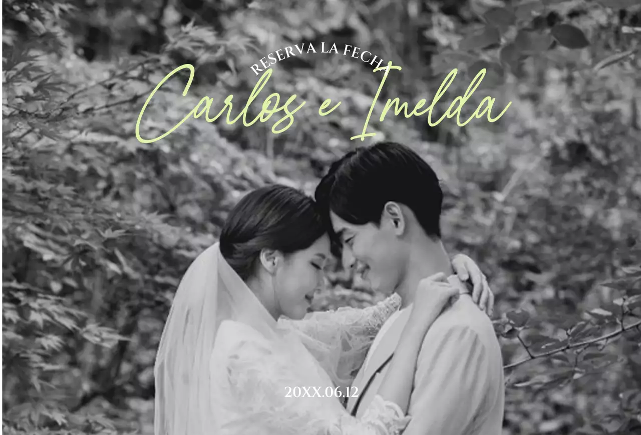 Invitación de boda en blanco y negro con toques verdes