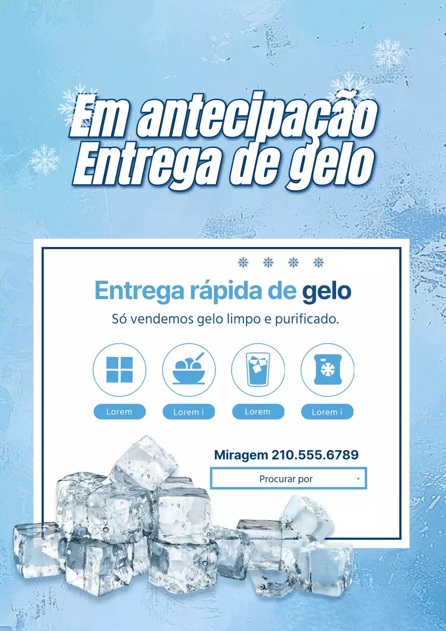 Promover a venda de gelo com um design simples, azul claro e branco