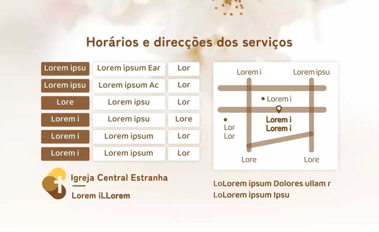 Estilo simples em branco e castanho para informação e promoção da igreja