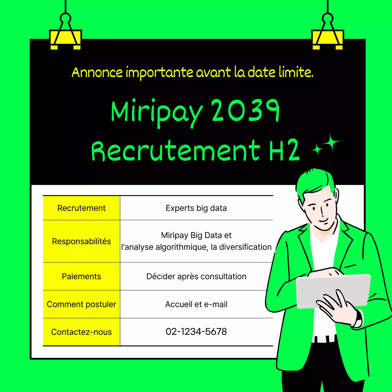 Recommandations pour un emploi dans une entreprise informatique en vert citron et jaune fluo