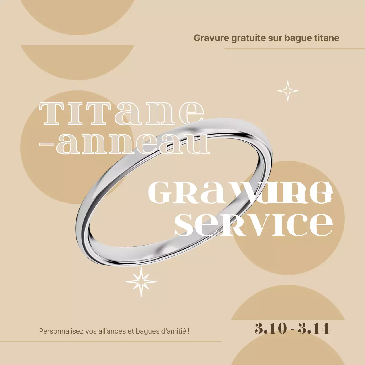 Gravure gratuite sur cette bague moderne en titane dans les tons beiges