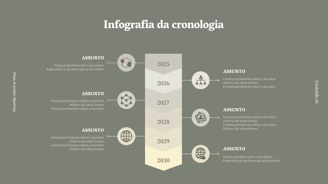 Linha de tempo com ícones cinzento-bege