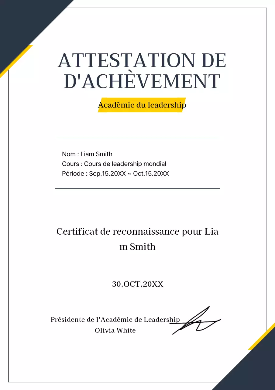 Documents de certification de formation soignés, de couleur jaune et marine