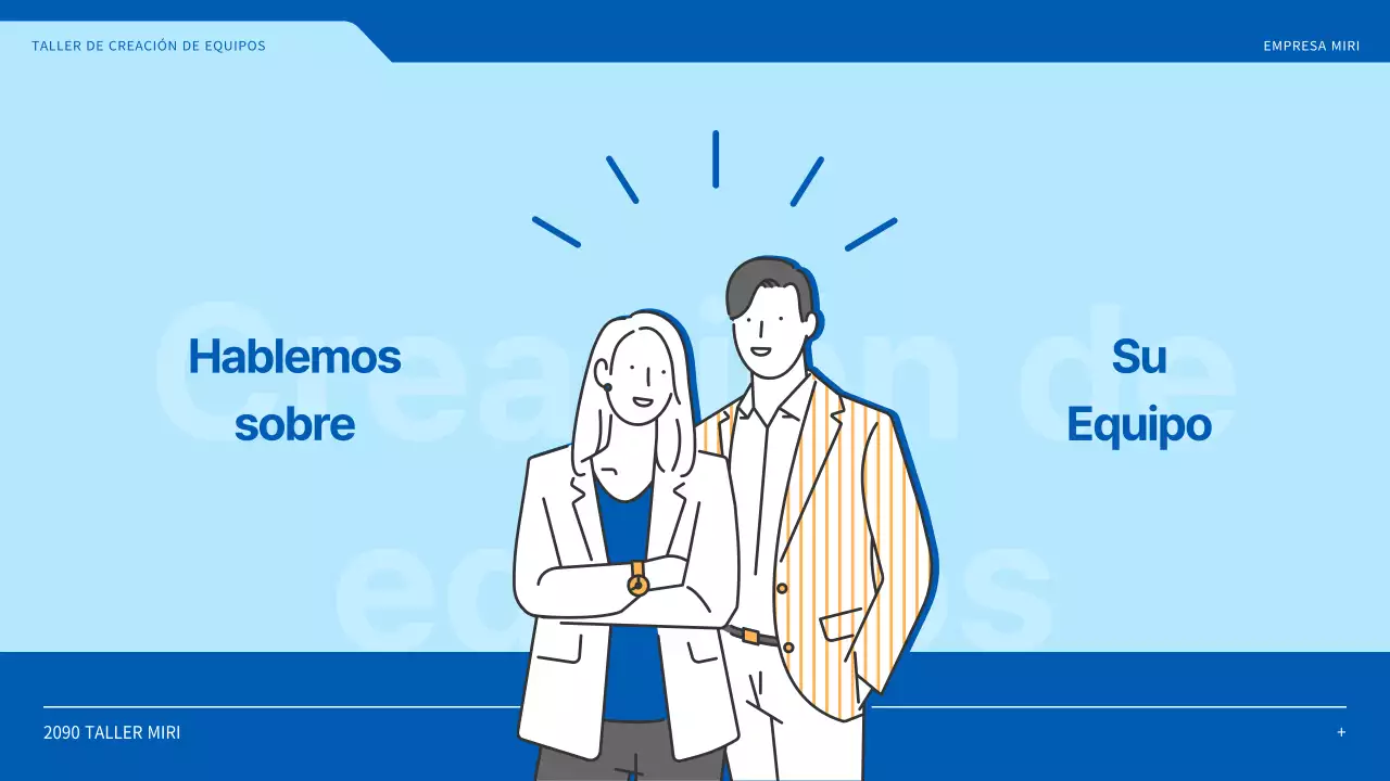 Taller de creación de equipos en el que destacan las ilustraciones en azul y amarillo