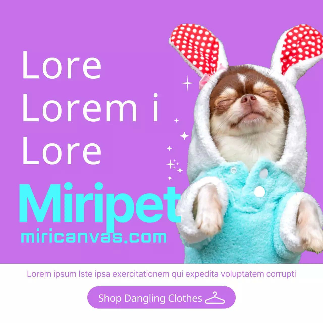 Promotion d'un service de location de costumes pour chiens avec la photo d'un chiot en costume de lapin sur fond violet.