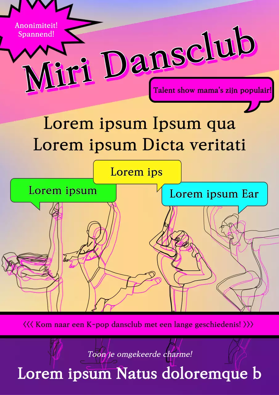Een leuke flyer voor dansclubs met roze accenten en kleurrijke elementen.