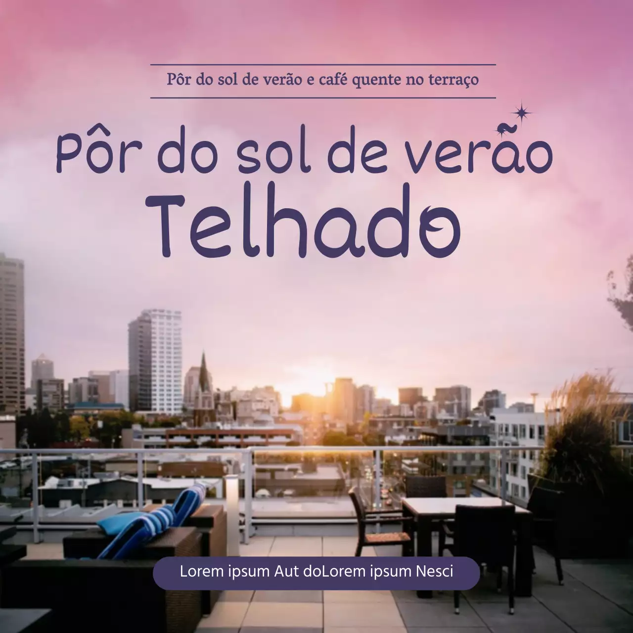 Evento de desconto em café no terraço com fundo roxo de emoji de pôr do sol de verão