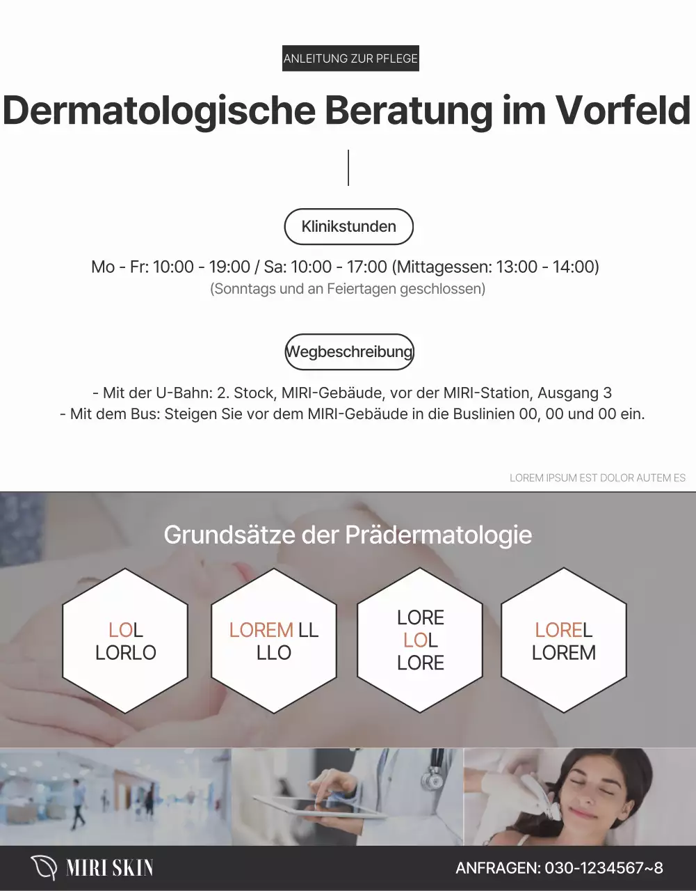 Werbung für dermatologische kosmetische Verfahren in Braun und Schwarz.
