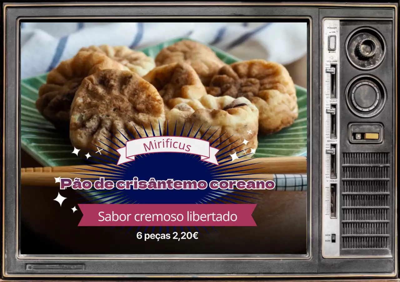 Petiscos de rua à base de pão de crisântemo com um cenário de televisão retro