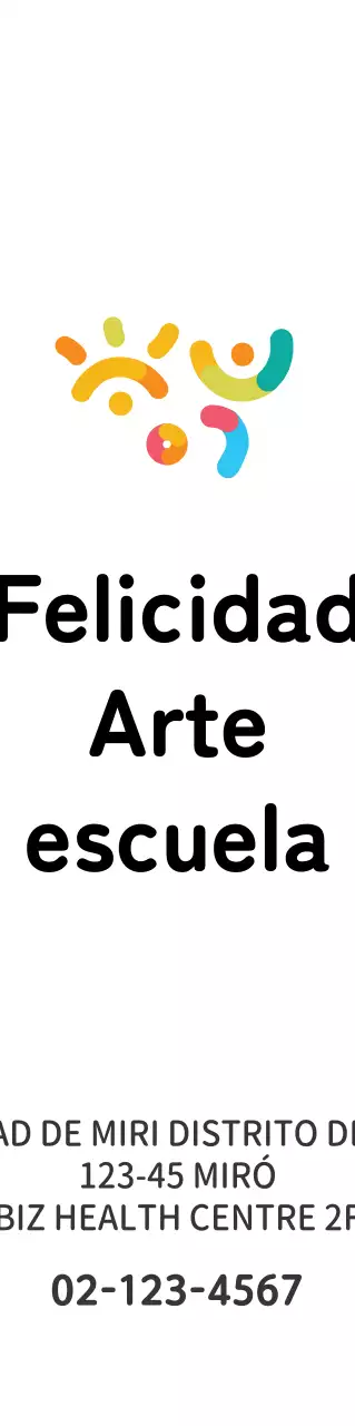 Logotipo e información de una escuela de arte sencilla y colorida.