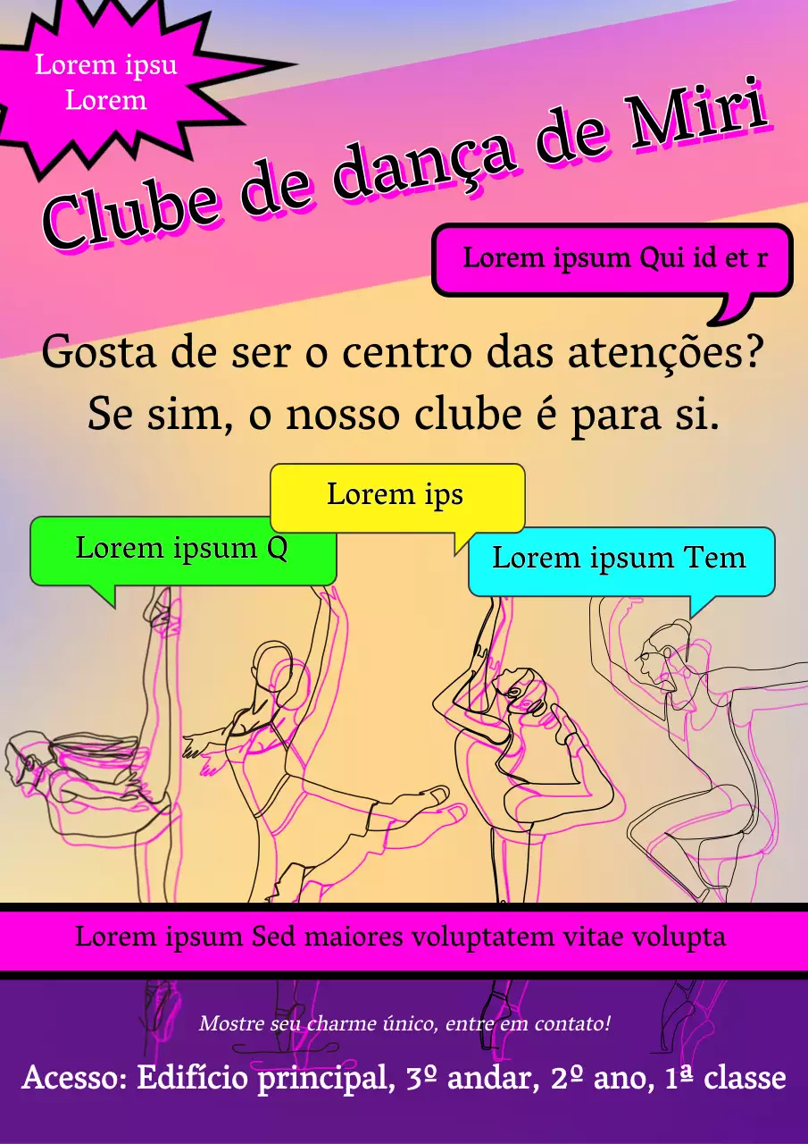 Um folheto divertido de um clube de dança com detalhes em cor-de-rosa e elementos coloridos.