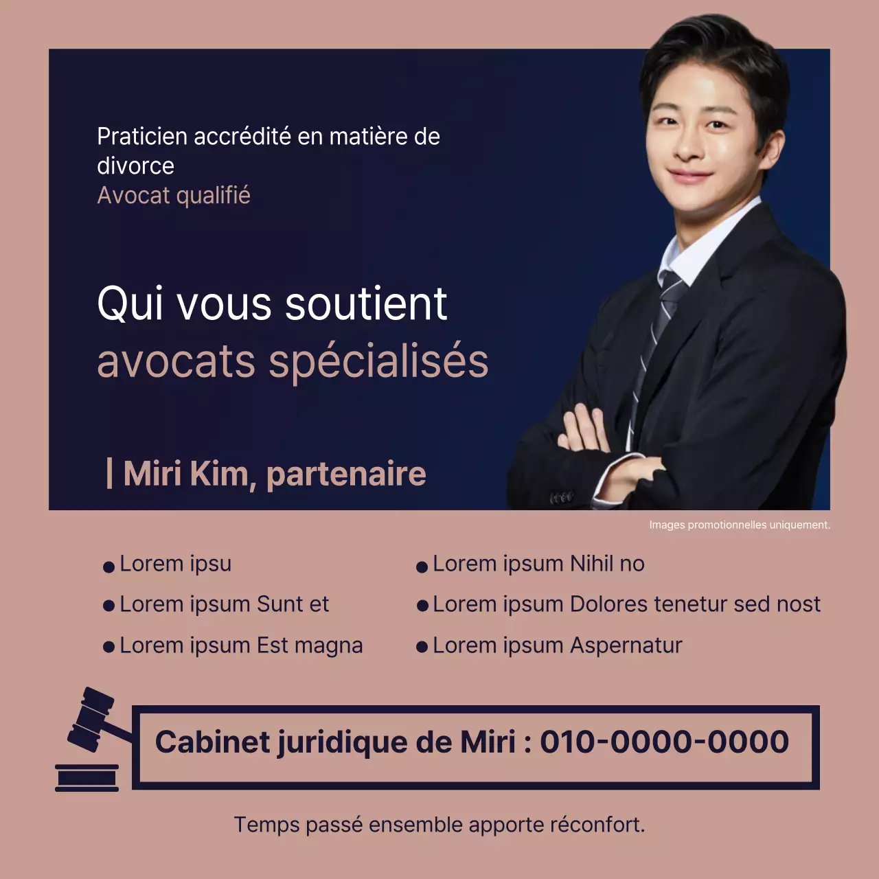 Des conseils juridiques simples en bleu marine, marron et or