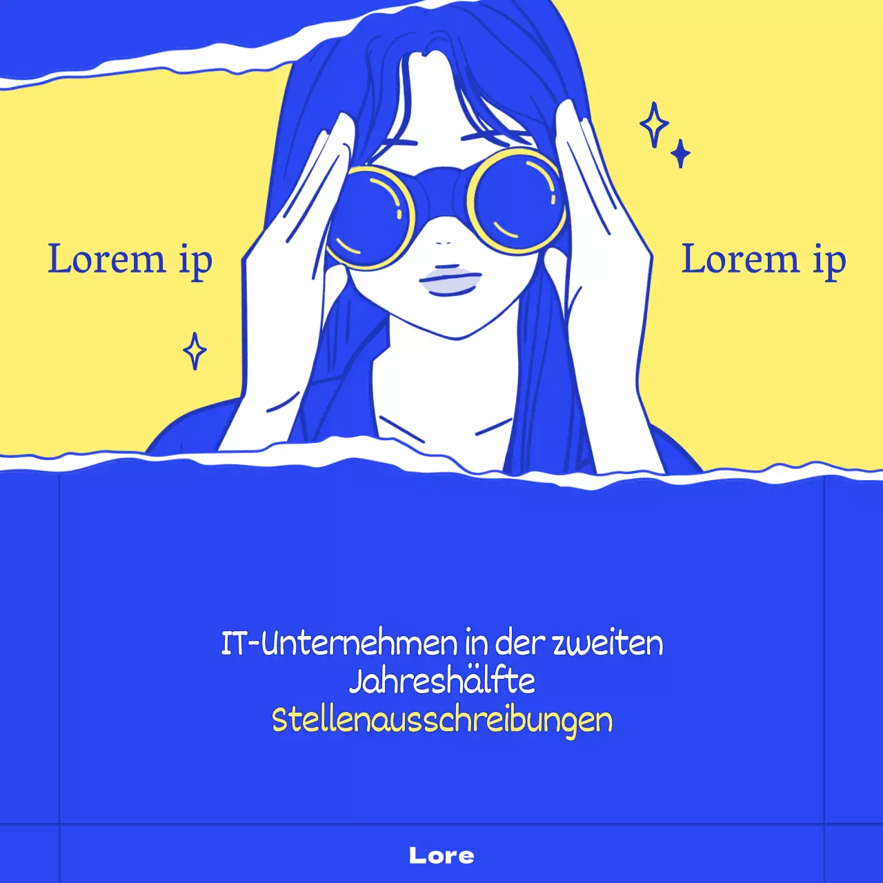 Stellenanzeigen für Unternehmen mit stilvollen, modischen Illustrationen in Blau und Gelb.