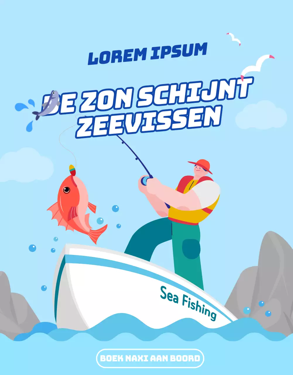 Advertentie voor een visreis naar de blauwe wateren van de wereld