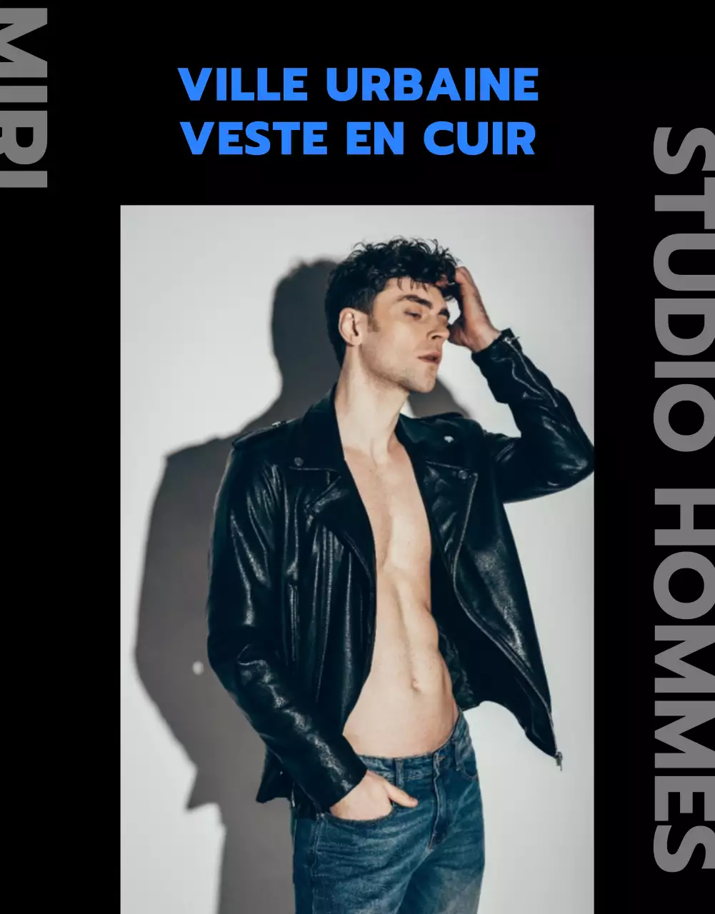 Boutique de vestes en cuir avec image en noir et bleu