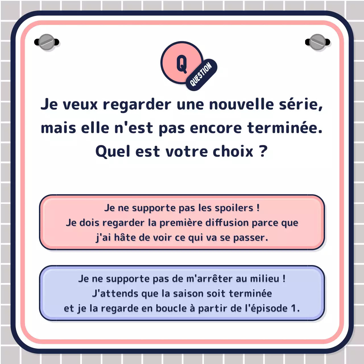 Test quiz simple piloté par le texte en rose mauve marine