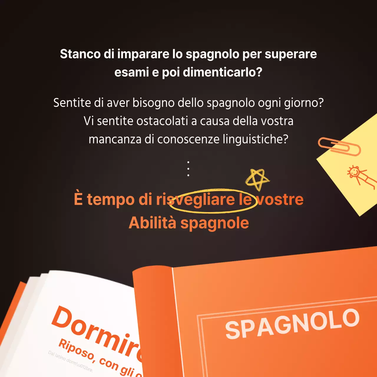 arancione giallo marrone libro illustrazione accademia inglese cartolina pubblicitaria novità